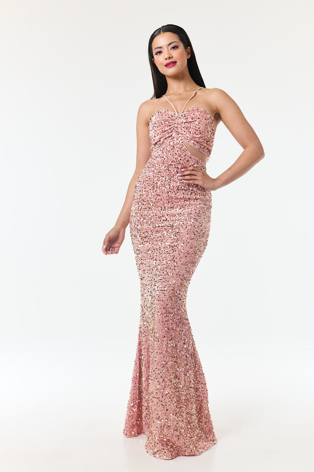 Rose Pink Bandeau Sequin Maxi Dress