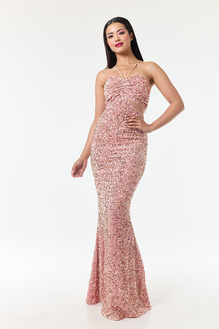 Rose Pink Bandeau Sequin Maxi Dress