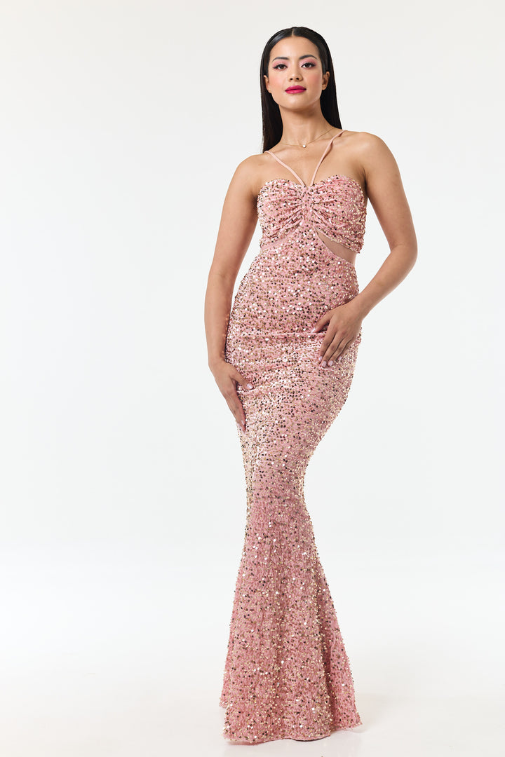 Rose Pink Bandeau Sequin Maxi Dress