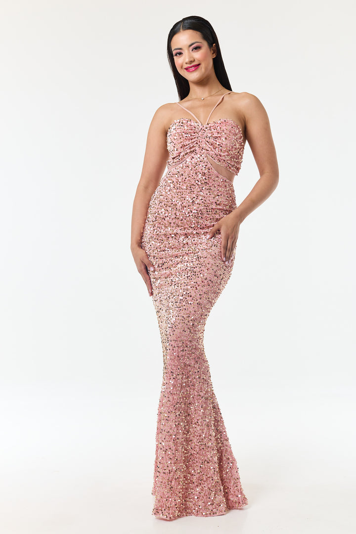 Rose Pink Bandeau Sequin Maxi Dress