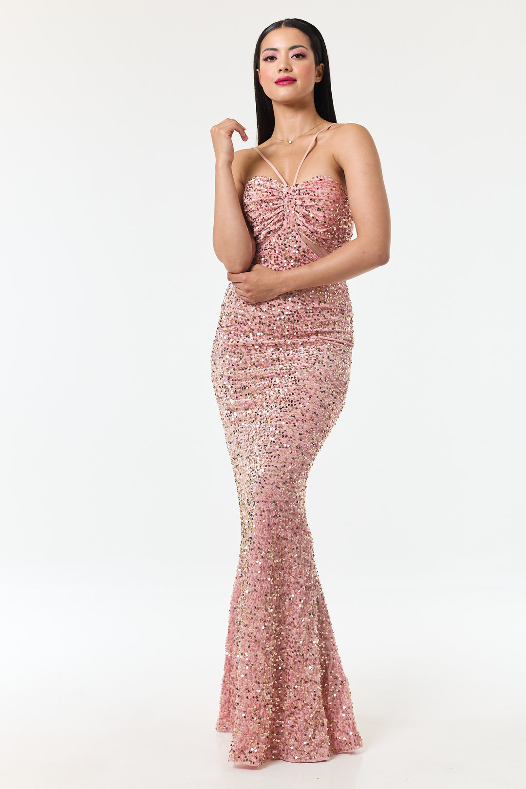 Rose Pink Bandeau Sequin Maxi Dress