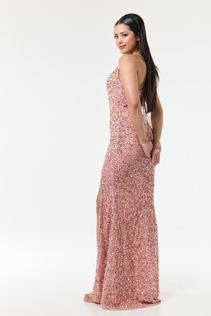 Rose Pink Side Slit Sequin Maxi Dress