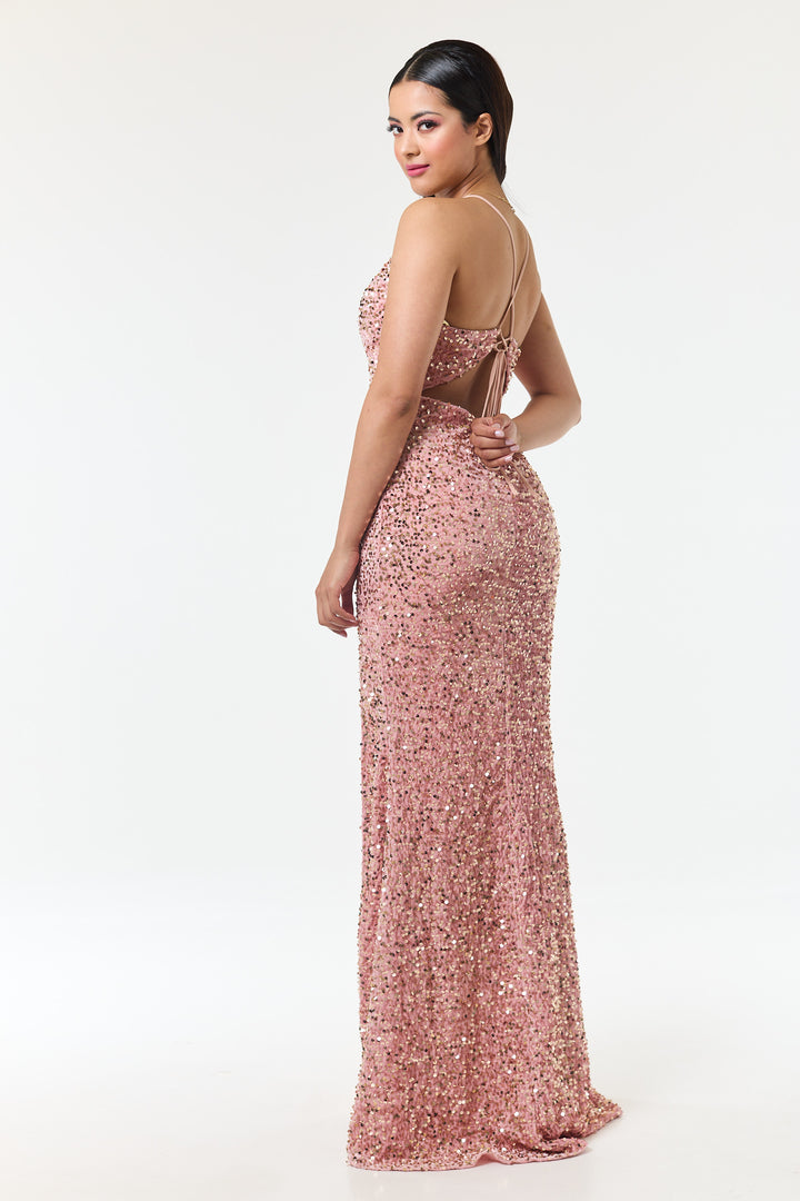Rose Pink Side Slit Sequin Maxi Dress