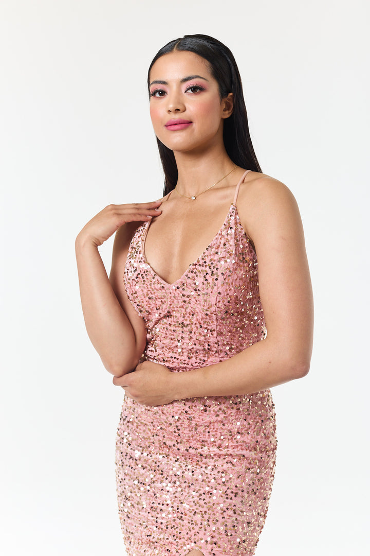 Rose Pink Side Slit Sequin Maxi Dress