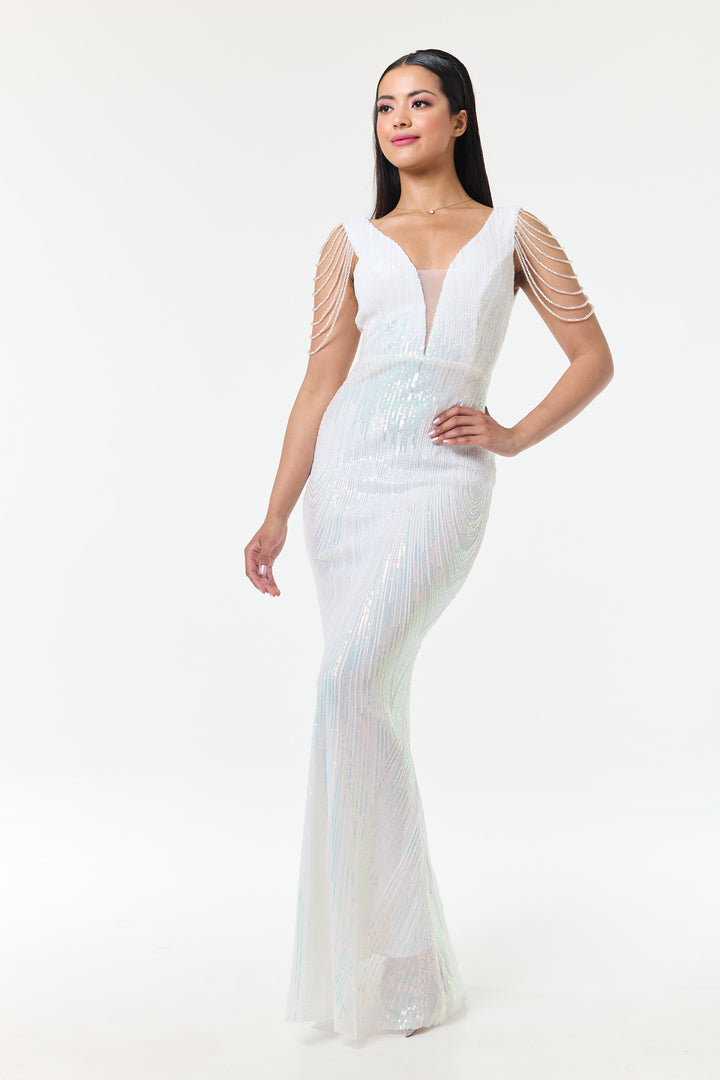 Riona - White Jewelled Shoulder Sequin Maxi Dress