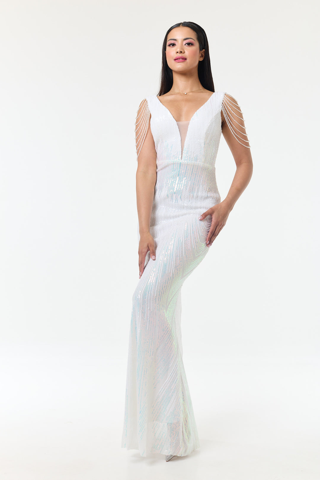 Riona - White Jewelled Shoulder Sequin Maxi Dress