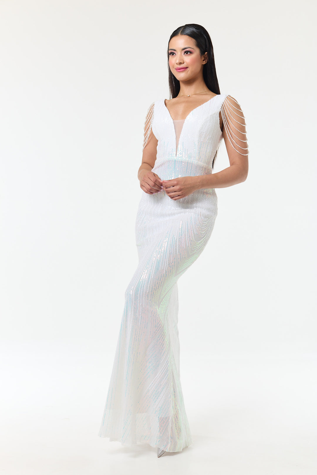 Riona - White Jewelled Shoulder Sequin Maxi Dress