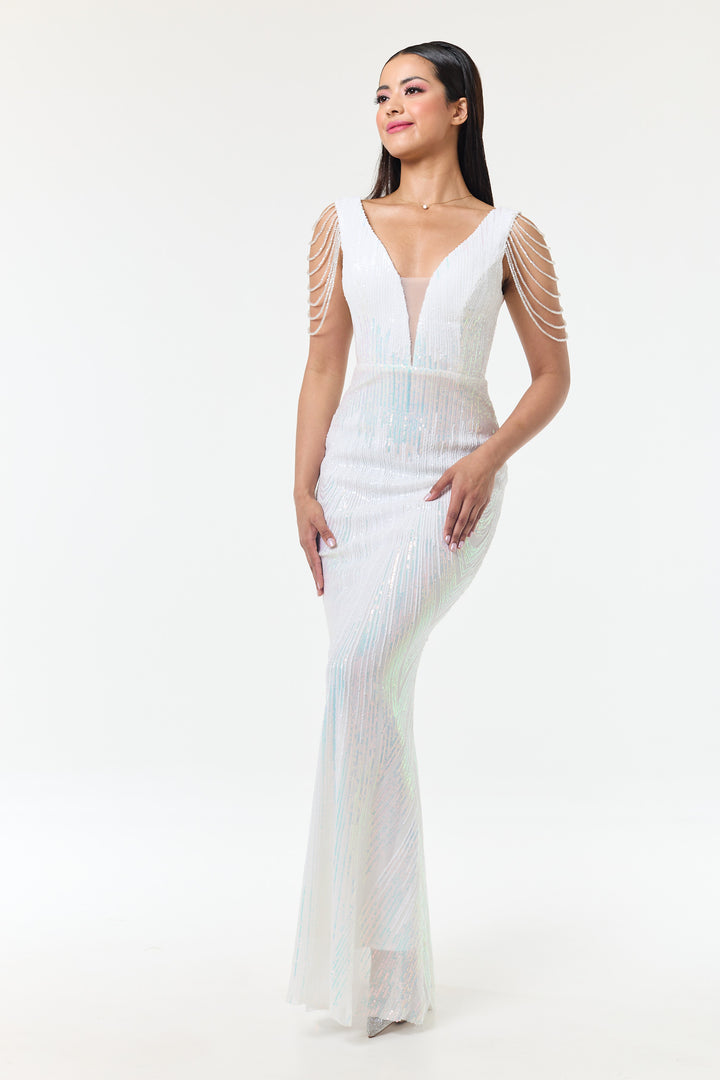 Riona - White Jewelled Shoulder Sequin Maxi Dress
