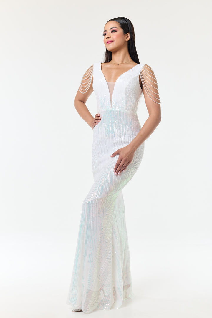 Riona - White Jewelled Shoulder Sequin Maxi Dress