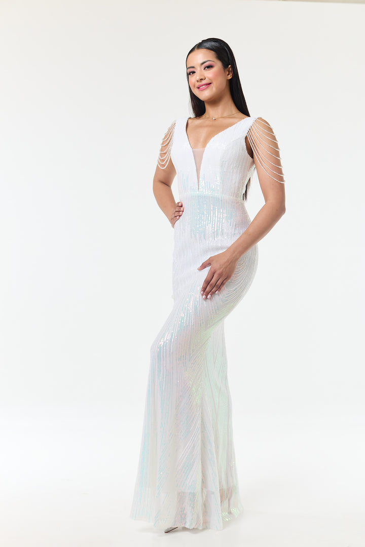 Riona - White Jewelled Shoulder Sequin Maxi Dress