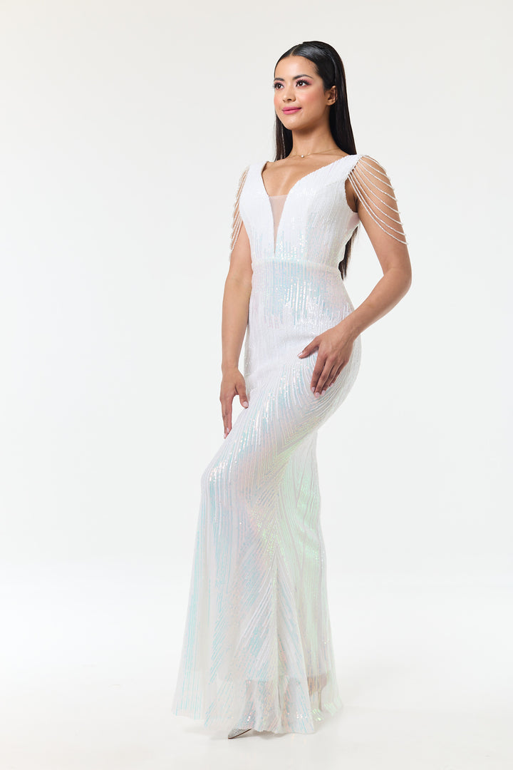 Riona - White Jewelled Shoulder Sequin Maxi Dress