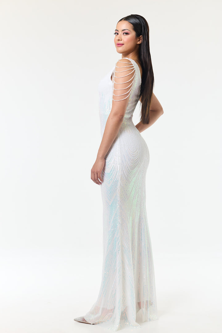 Riona - White Jewelled Shoulder Sequin Maxi Dress