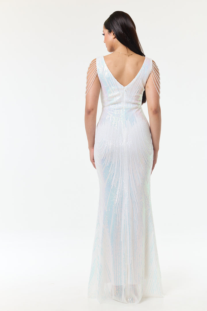 Riona - White Jewelled Shoulder Sequin Maxi Dress