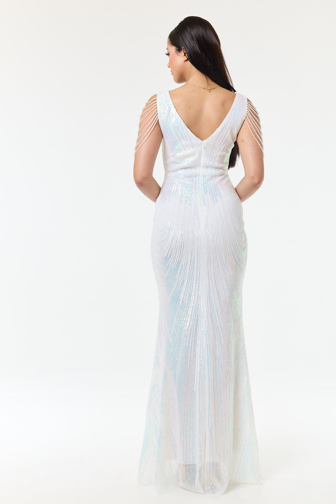Riona - White Jewelled Shoulder Sequin Maxi Dress