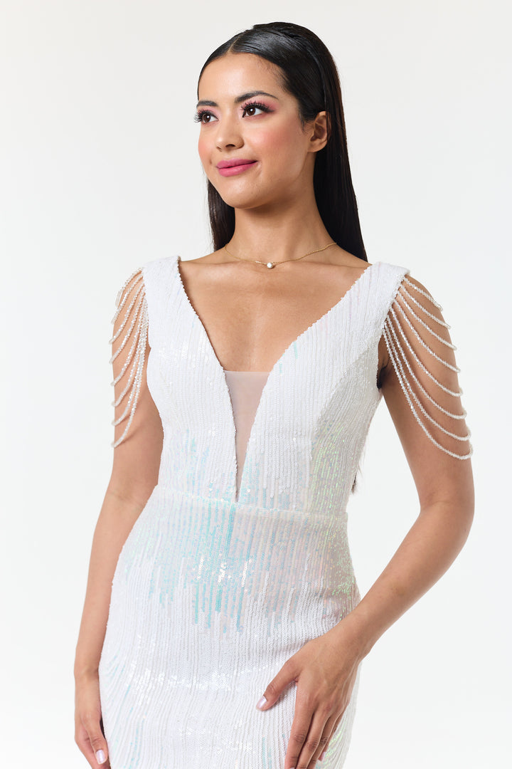 Riona - White Jewelled Shoulder Sequin Maxi Dress