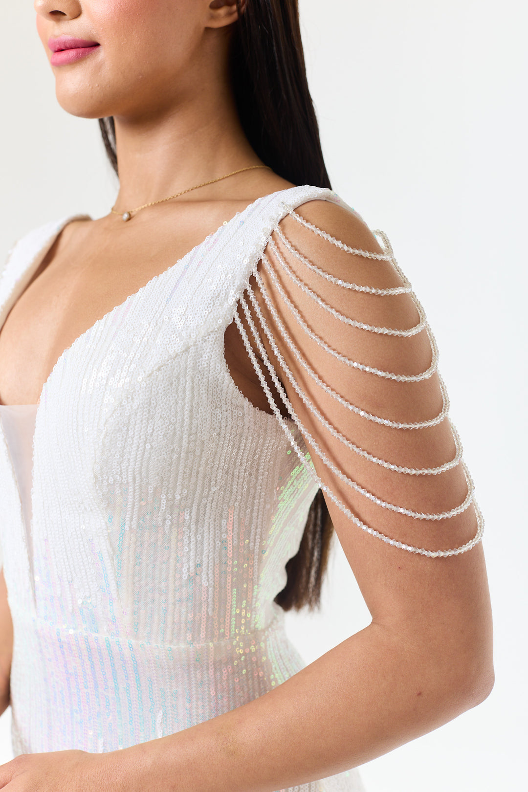 Riona - White Jewelled Shoulder Sequin Maxi Dress