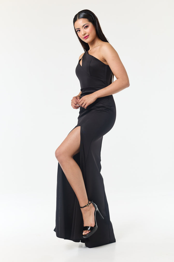 Black One Shoulder Side Slit Maxi Dress