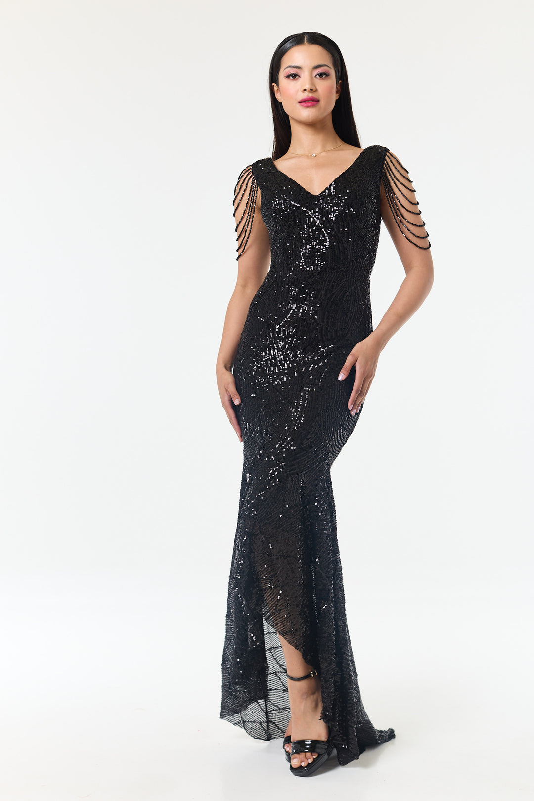 Black Jewelled Hi-Lo Sequin Dress