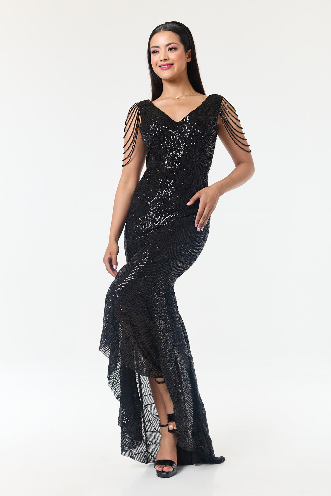 Black Jewelled Hi-Lo Sequin Dress