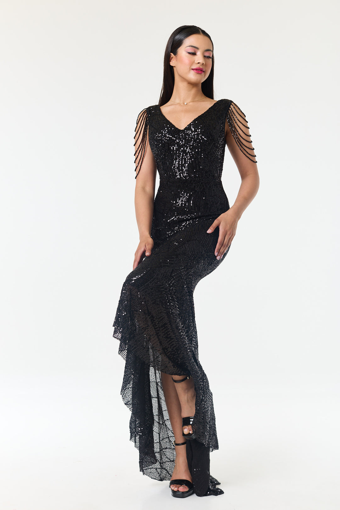 Black Jewelled Hi-Lo Sequin Dress