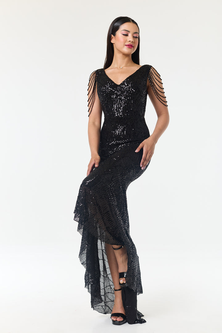 Black Jewelled Hi-Lo Sequin Dress