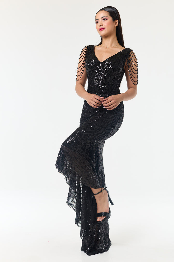 Black Jewelled Hi-Lo Sequin Dress