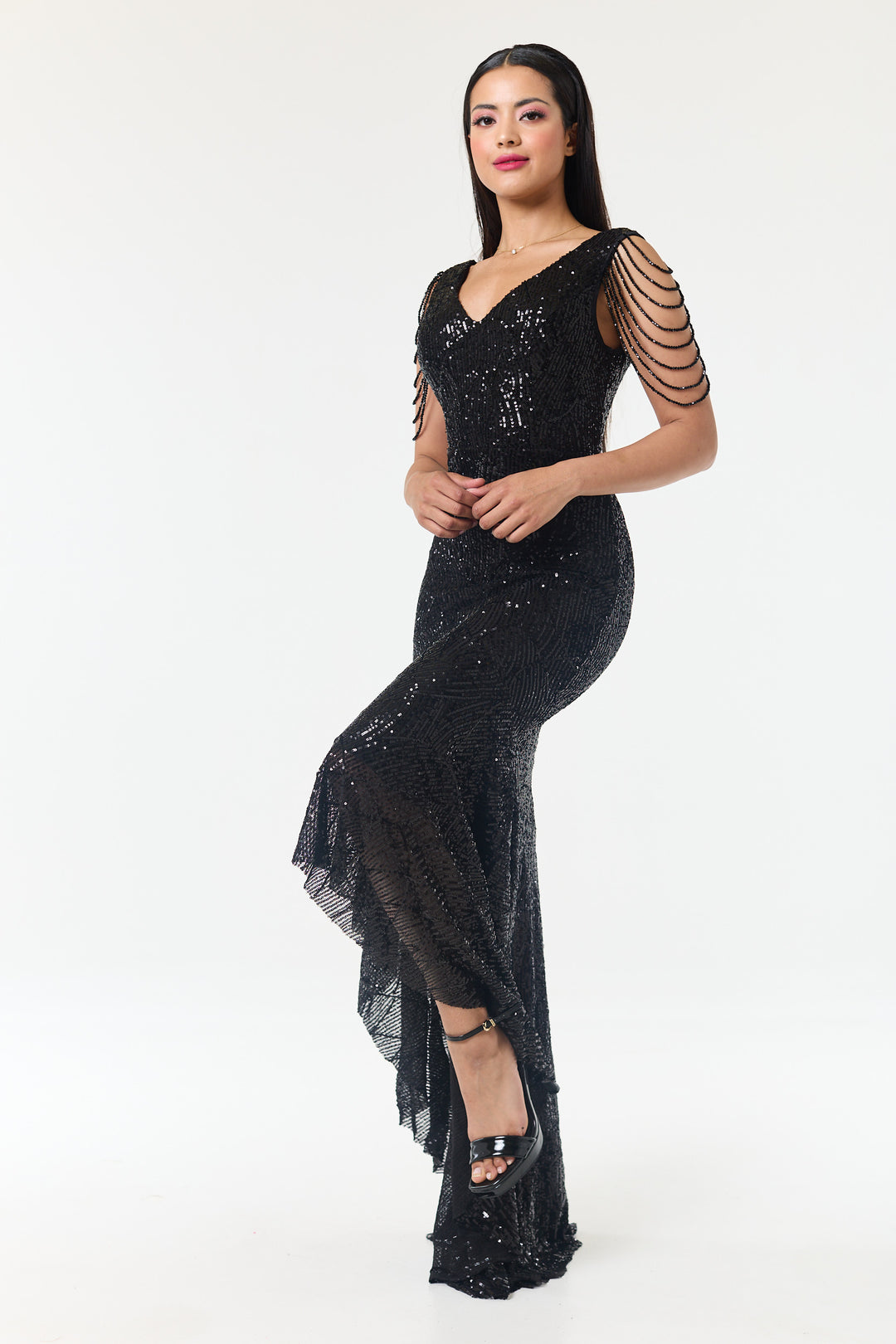Black Jewelled Hi-Lo Sequin Dress
