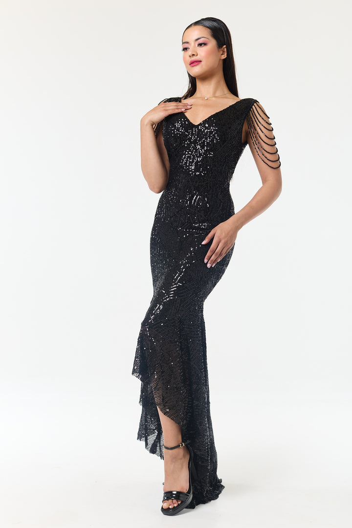 Black Jewelled Hi-Lo Sequin Dress
