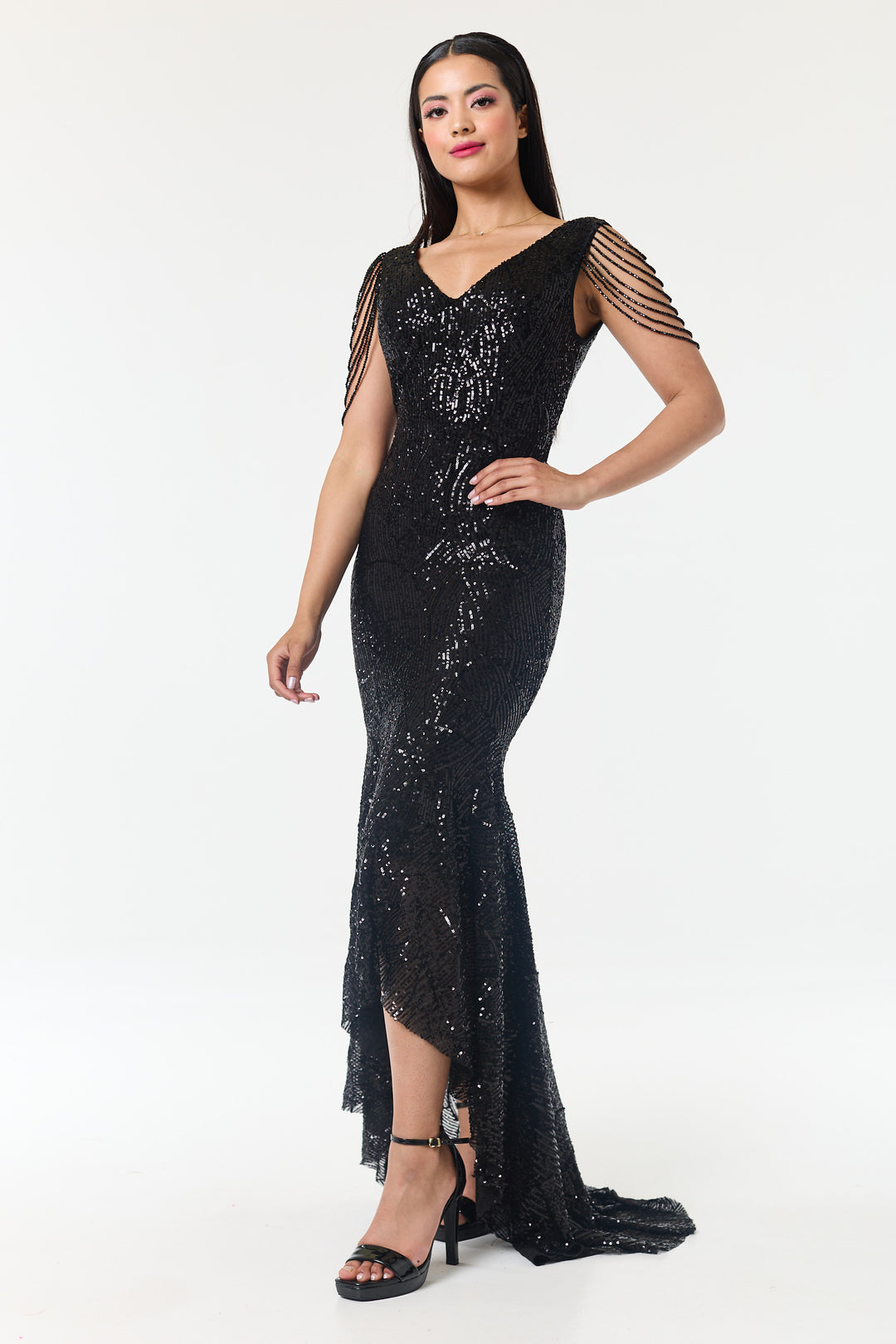 Black Jewelled Hi-Lo Sequin Dress
