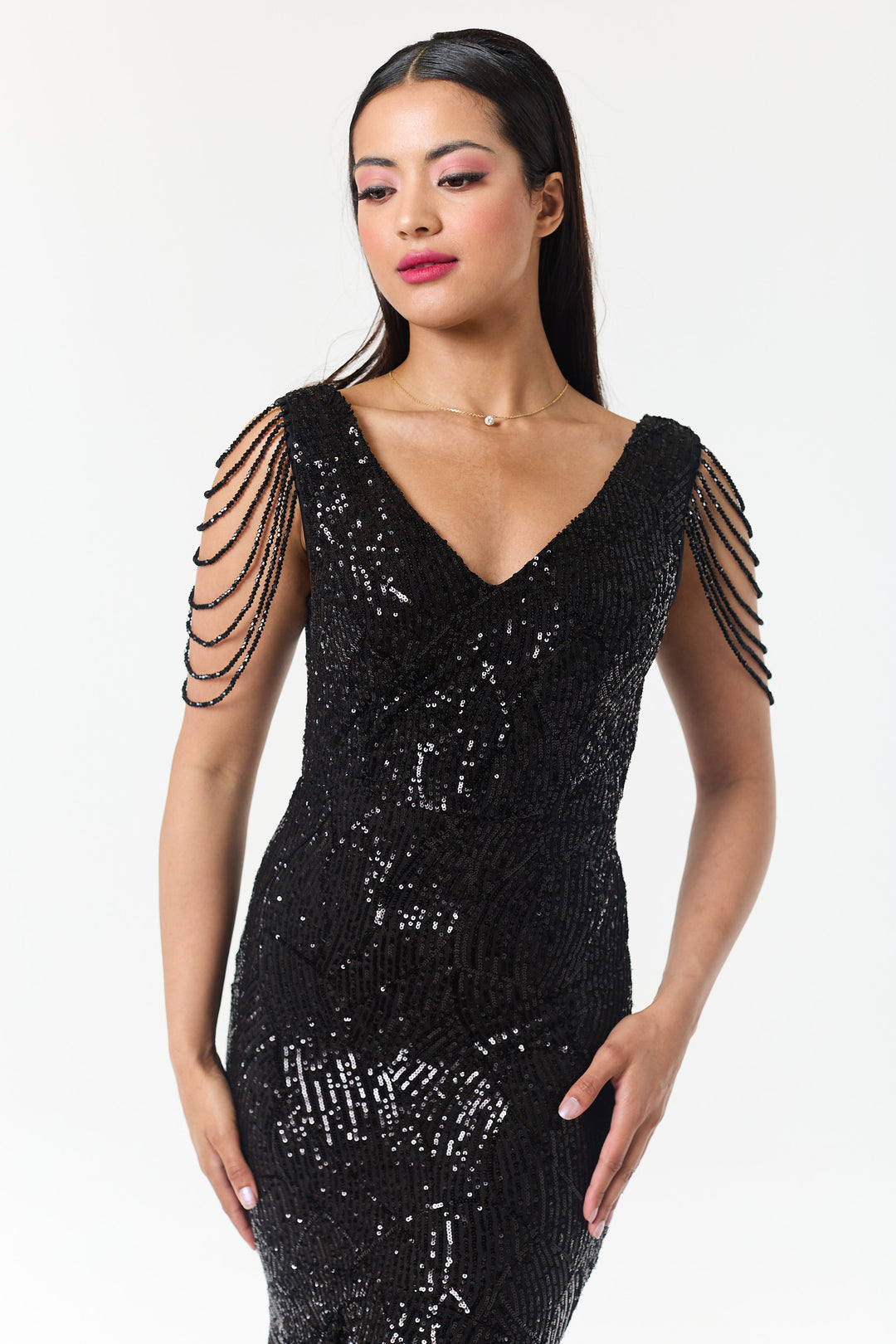 Black Jewelled Hi-Lo Sequin Dress