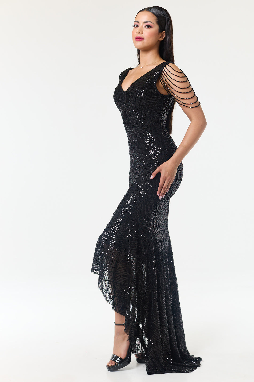 Black Jewelled Hi-Lo Sequin Dress