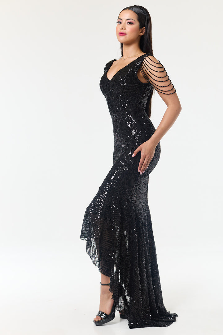 Black Jewelled Hi-Lo Sequin Dress