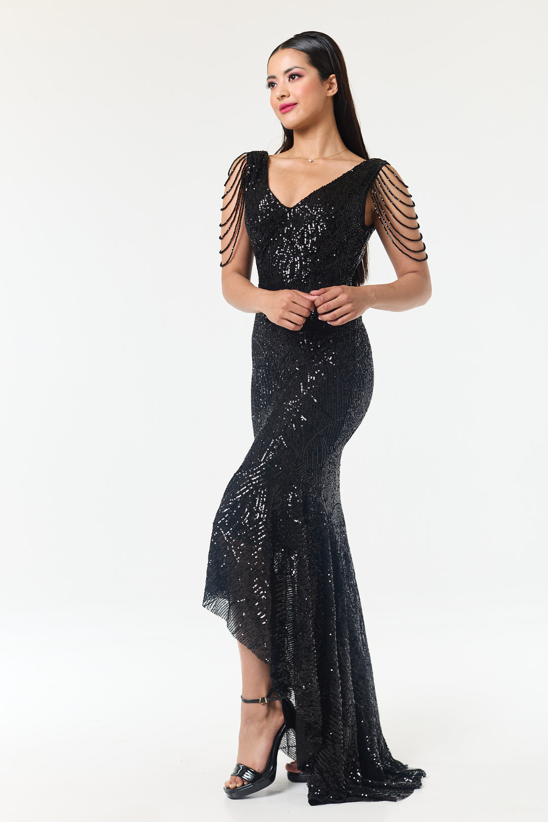 Black Jewelled Hi-Lo Sequin Dress