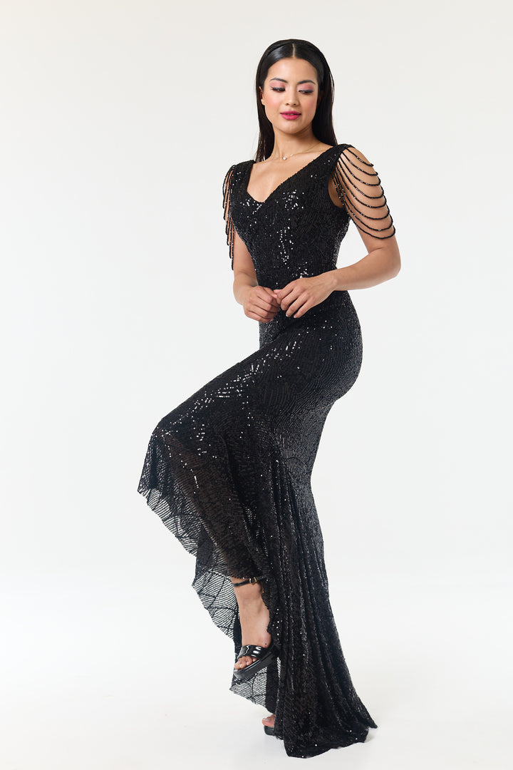 Black Jewelled Hi-Lo Sequin Dress