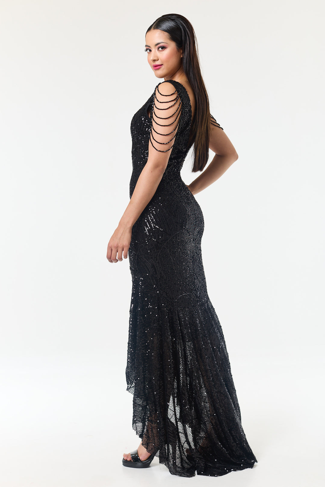Black Jewelled Hi-Lo Sequin Dress