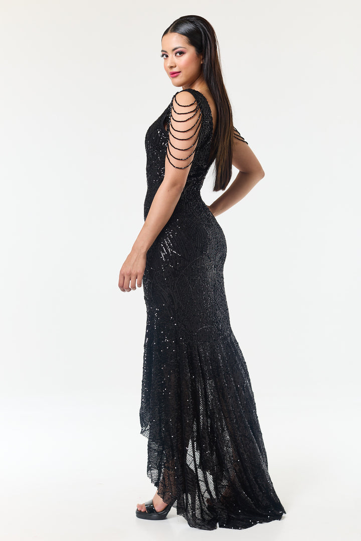 Black Jewelled Hi-Lo Sequin Dress