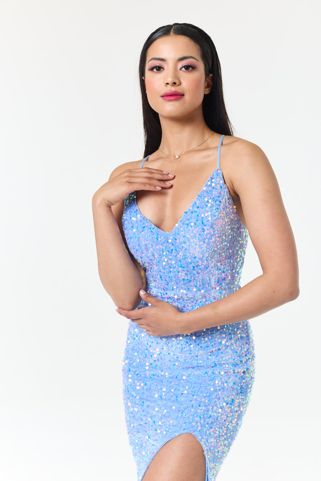 Sora - Sky Blue Side Slit Sequin Maxi Dress