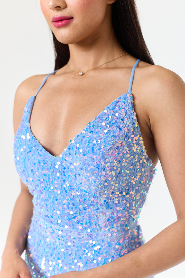 Sora - Sky Blue Side Slit Sequin Maxi Dress