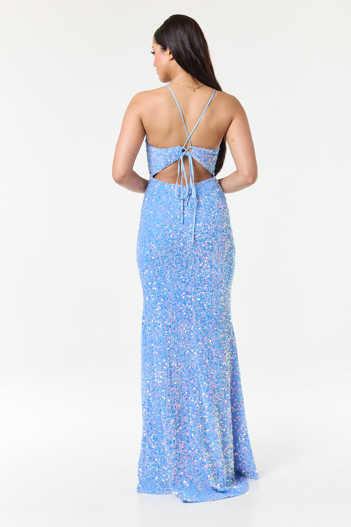 Sora - Sky Blue Side Slit Sequin Maxi Dress