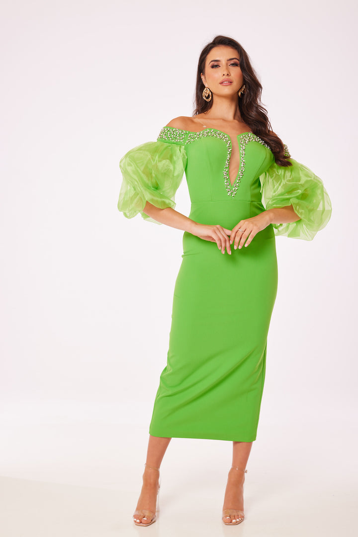 Green Puff Sleeved Bodycon Midi Dress