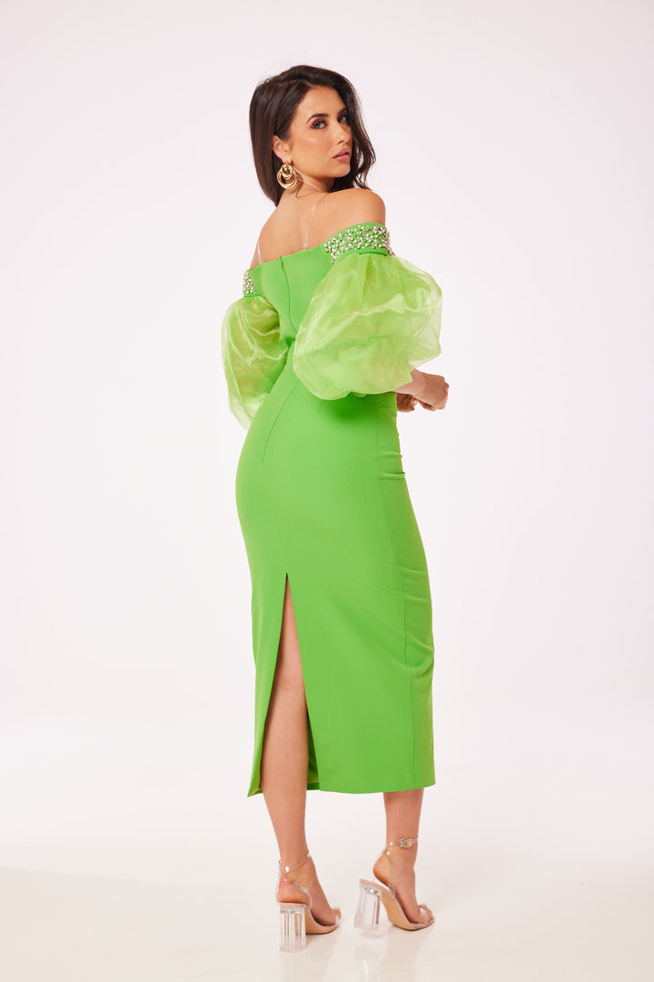 Green Puff Sleeved Bodycon Midi Dress
