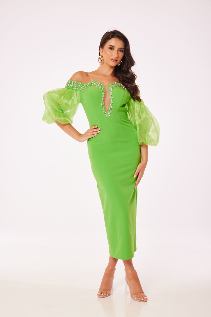 Green Puff Sleeved Bodycon Midi Dress