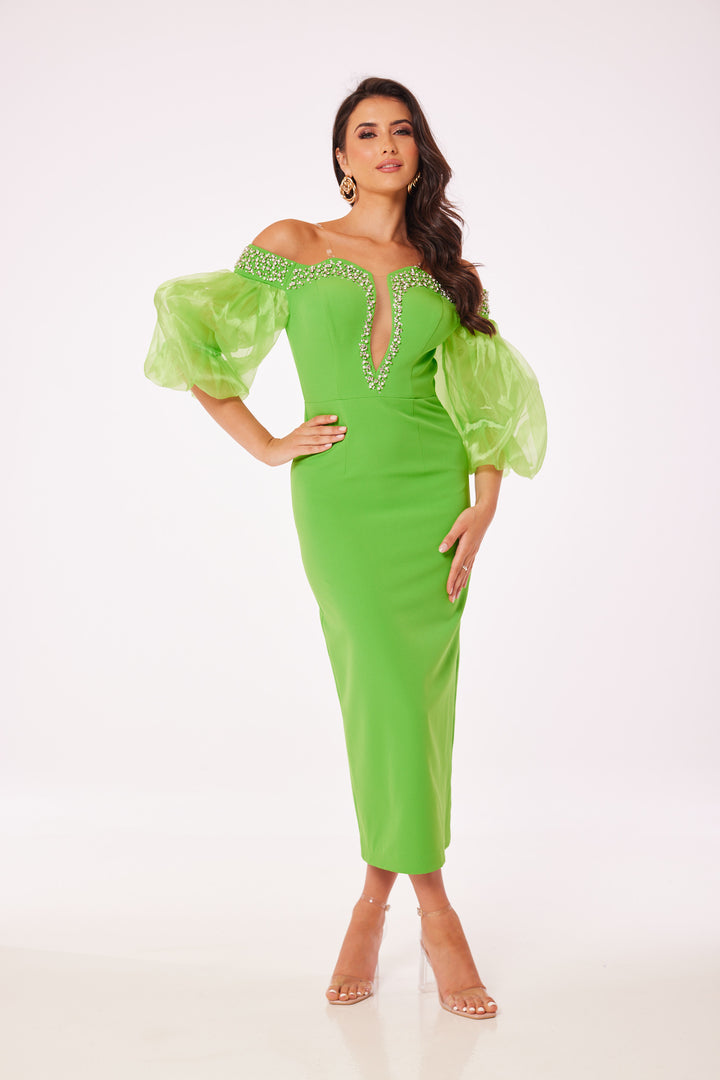 Green Puff Sleeved Bodycon Midi Dress