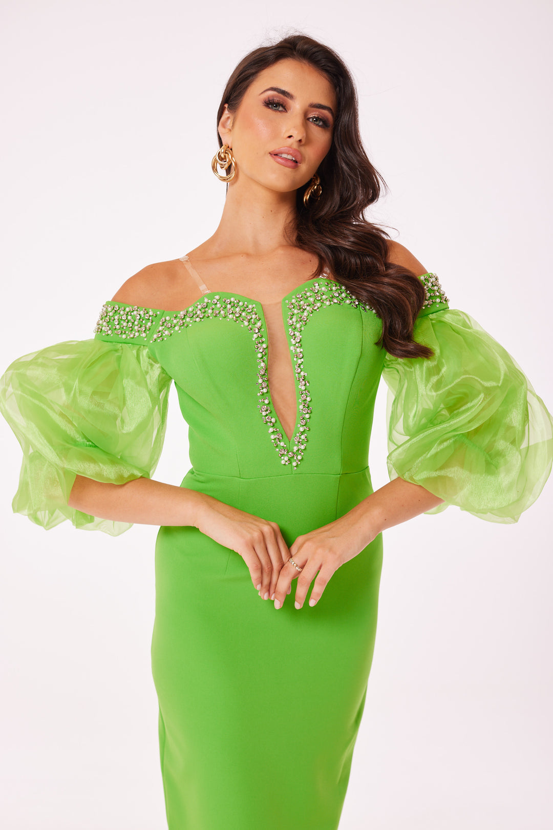 Green Puff Sleeved Bodycon Midi Dress