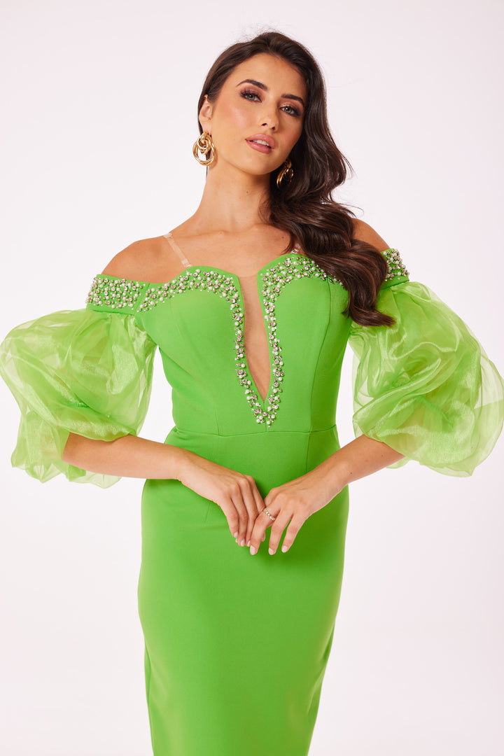 Green Puff Sleeved Bodycon Midi Dress