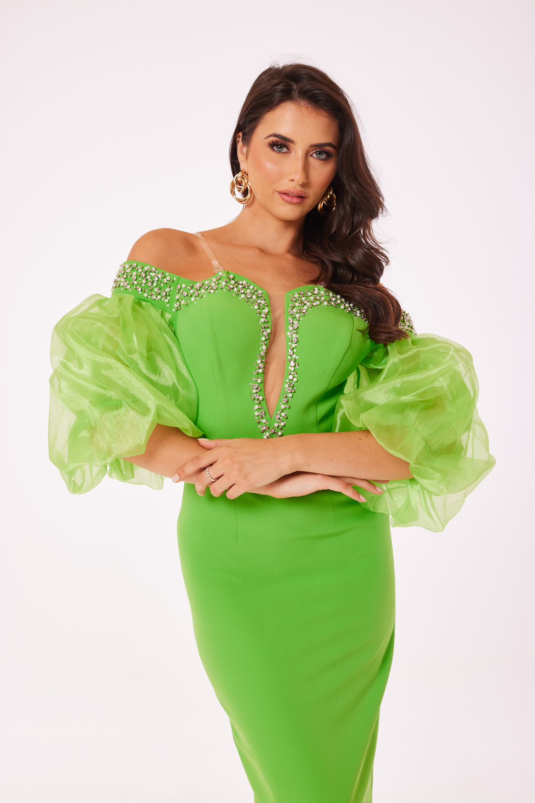 Green Puff Sleeved Bodycon Midi Dress