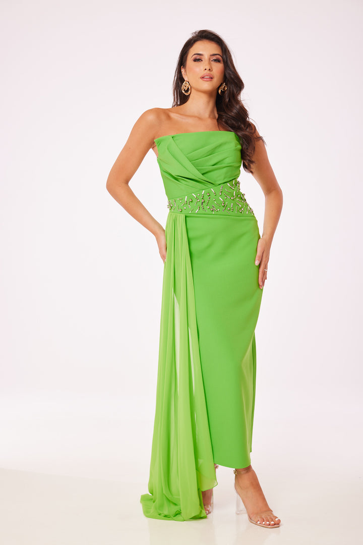Green Strapless Jewelled Drape Midi Dress