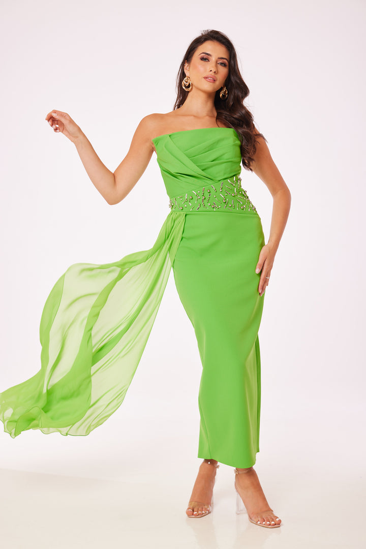 Green Strapless Jewelled Drape Midi Dress