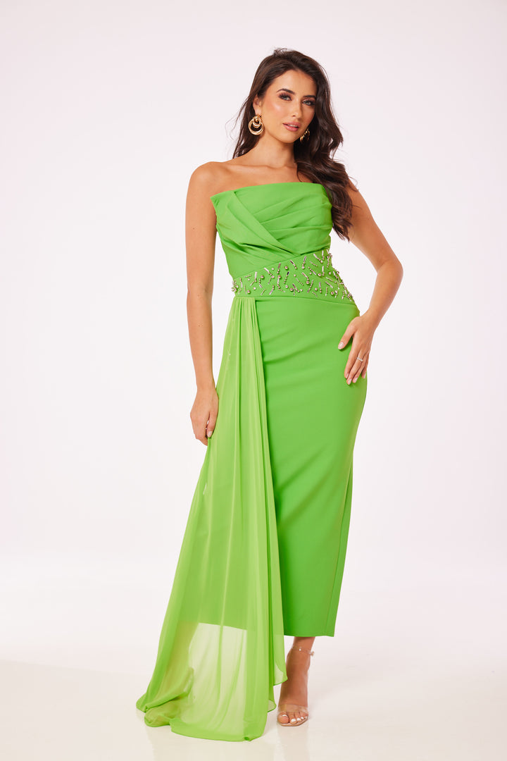 Green Strapless Jewelled Drape Midi Dress