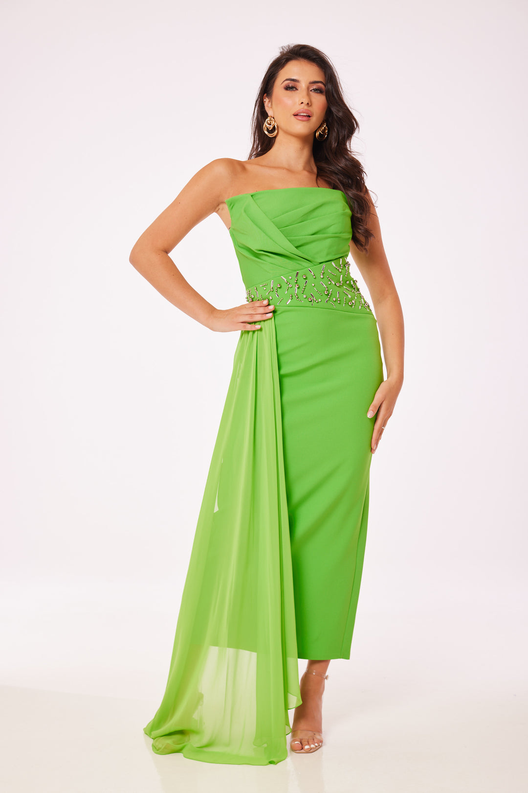 Green Strapless Jewelled Drape Midi Dress